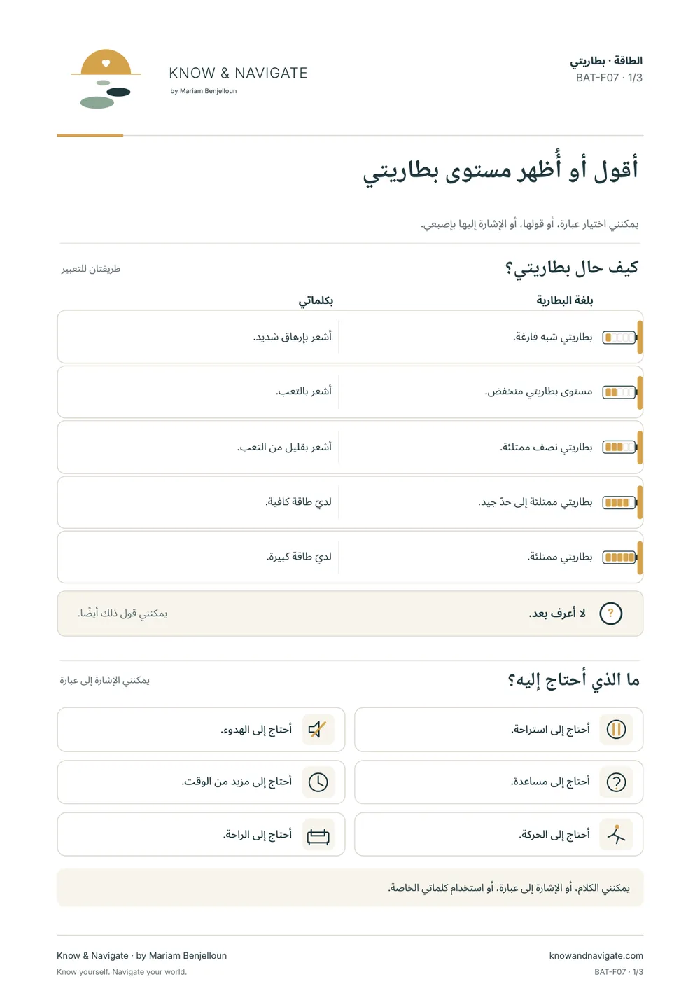 معاينة ورقة العمل BAT-F07 «أقول أو أُظهر مستوى بطاريتي»، الصفحة 1 من 3