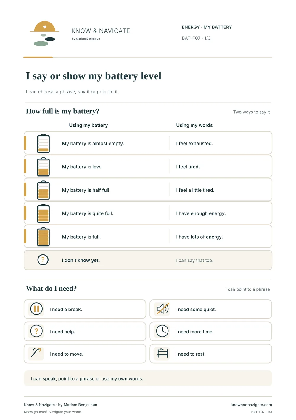 Preview of worksheet BAT-F07 ‘I say or show my battery level’, page 1 of 3