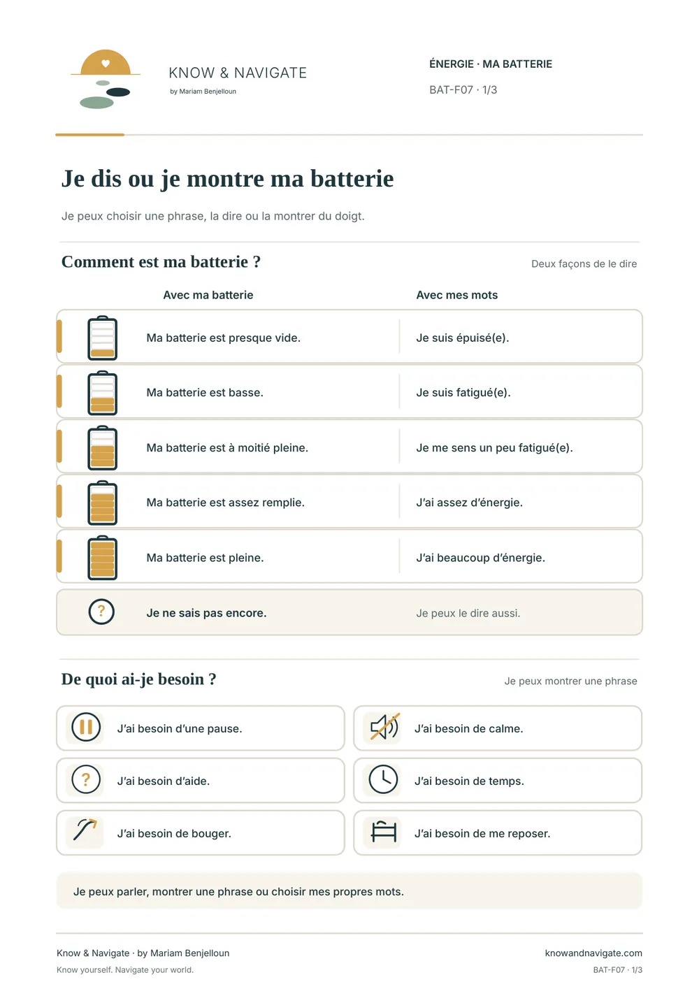 Aperçu de la fiche BAT-F07 « Je dis ou je montre ma batterie », page 1 sur 3